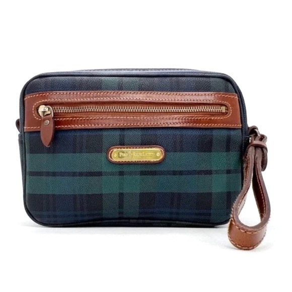 Polo Ralph Lauren Vintage Black Watch Plaid Cosmetic Bag PVC Canvas Leather EUC - Picture 8 of 8
